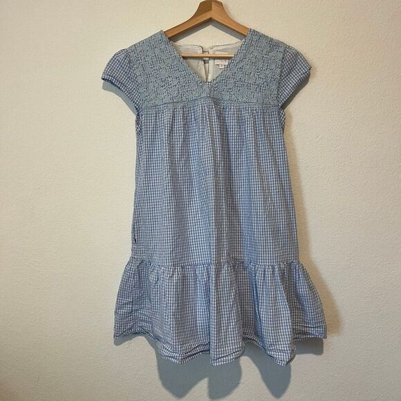 J. Marie Blue GIngham Plaid Lace Embroidered Tiered Mini Dress Womens Size Small - Picture 2 of 6